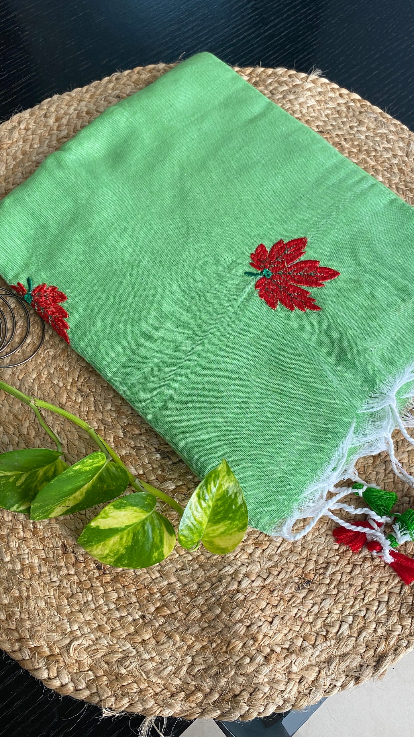PARROT GREEN EMBROIDERED MULL COTTON SAREE