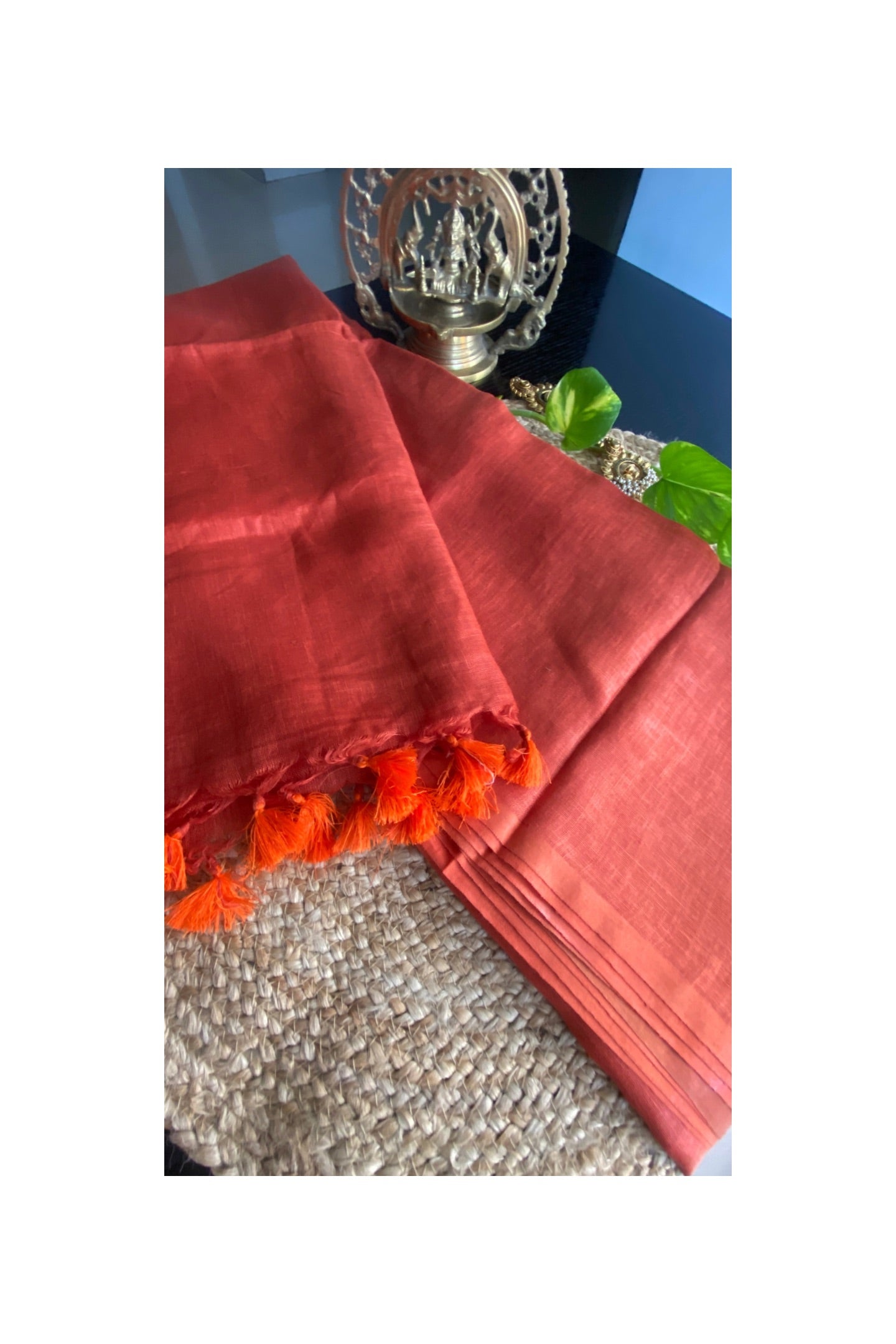 Plain orange linen saree