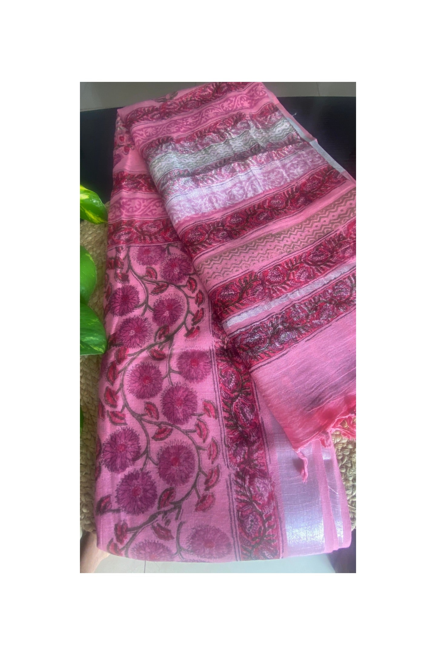 Pink linen cotton saree