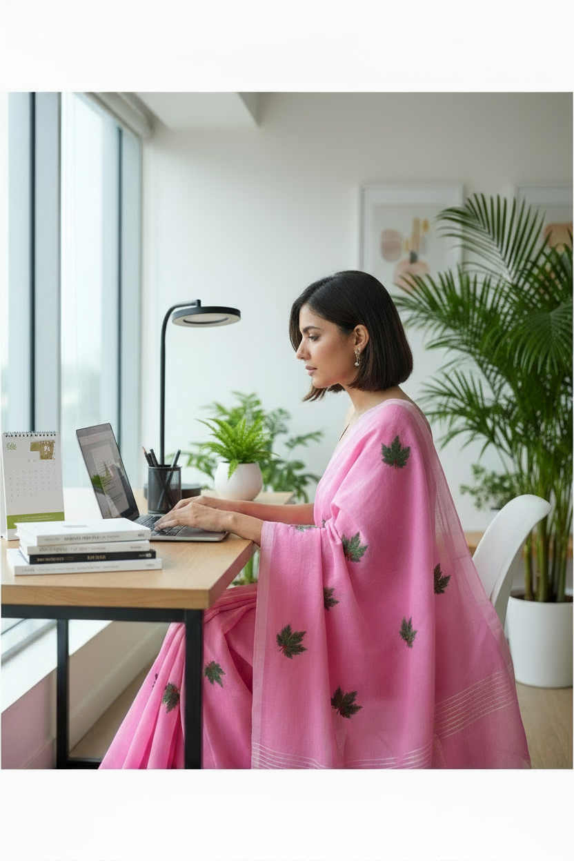 Pink embroidered mull cotton saree