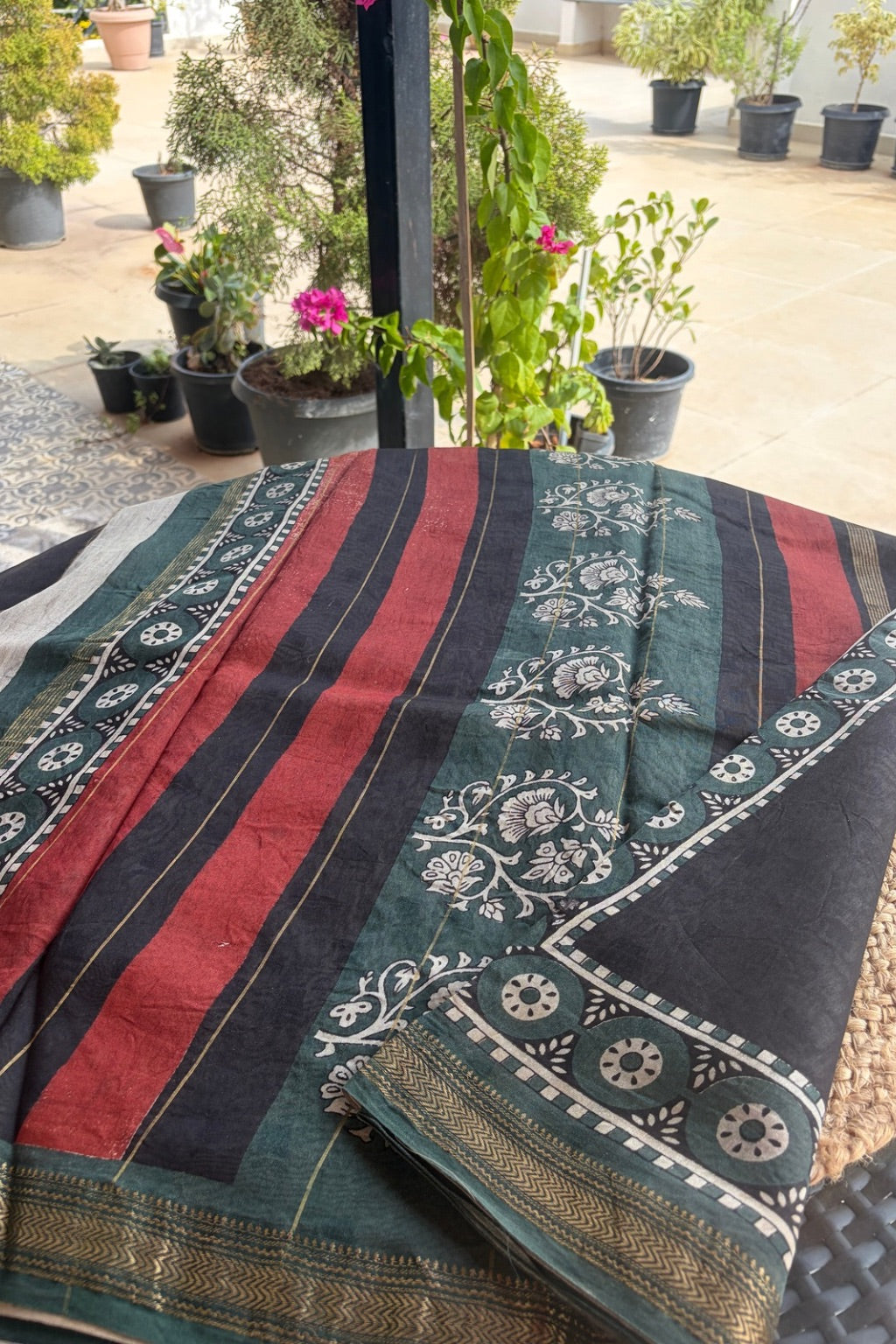 Black Maheshwari block print saree