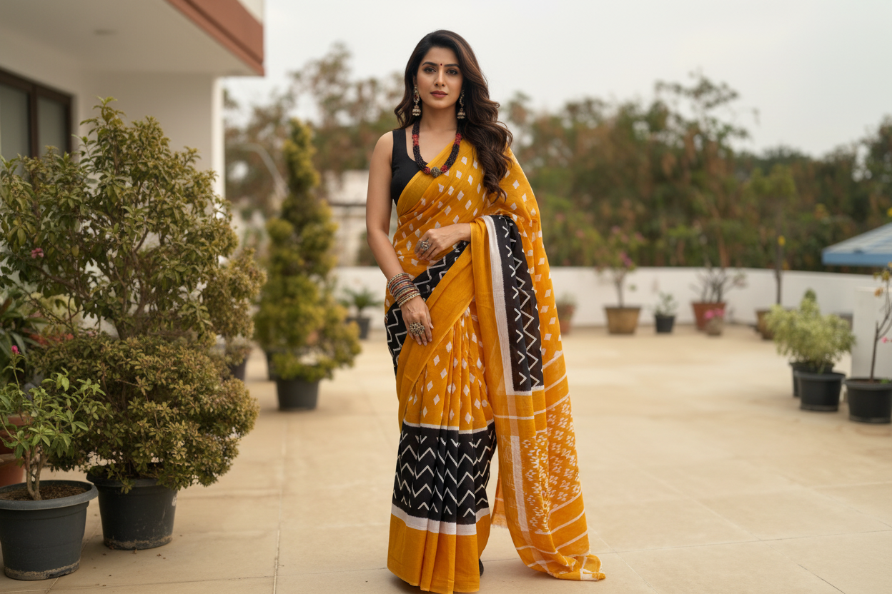 Mustard and black Mull cotton saree