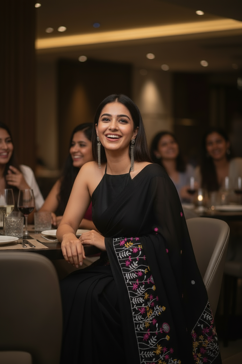 Black Embroidered Mull Cotton Saree