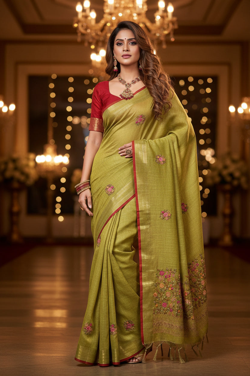 Mehendi green embroidered linen saree