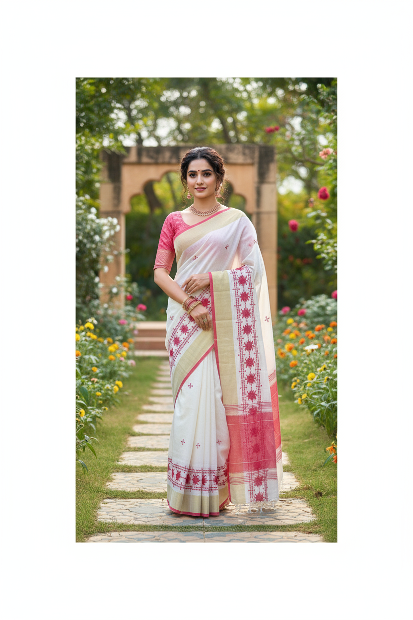 White Linen Embroidered Saree