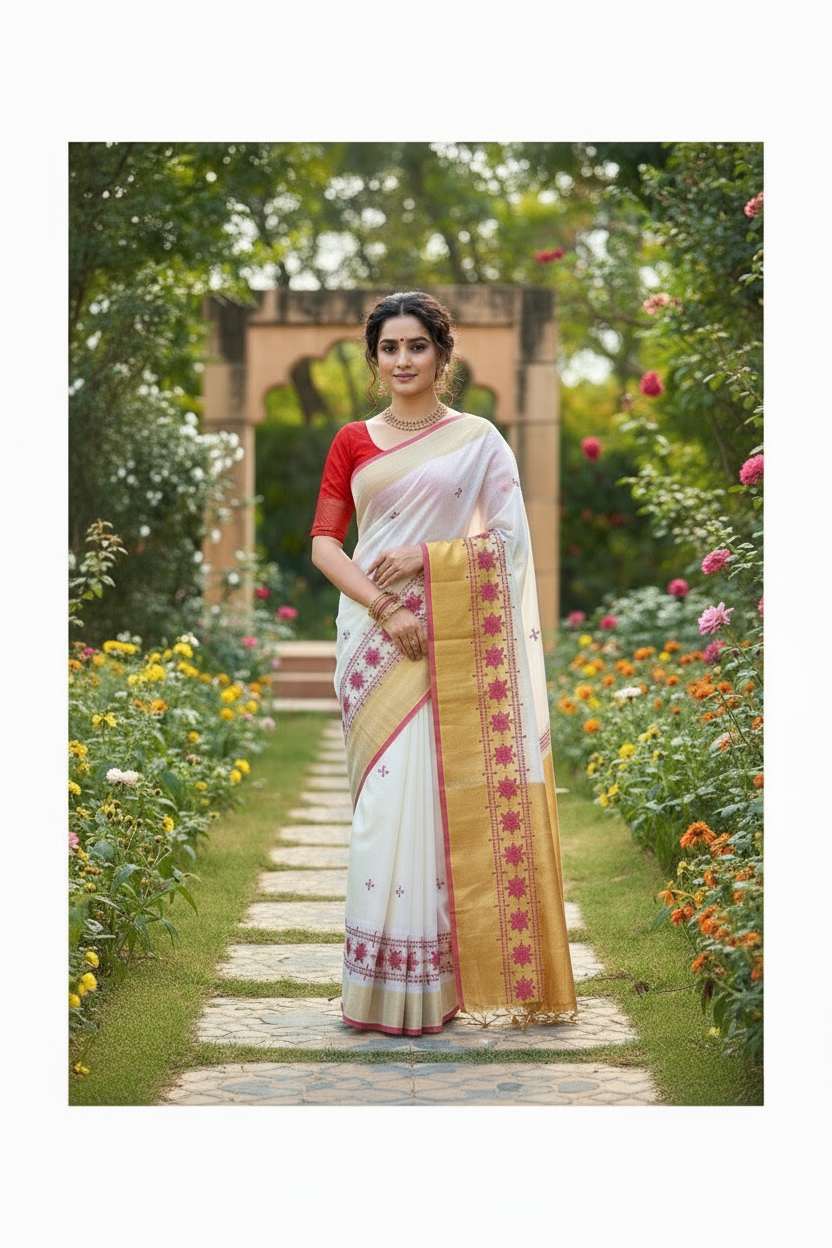 White Linen Embroidered Saree