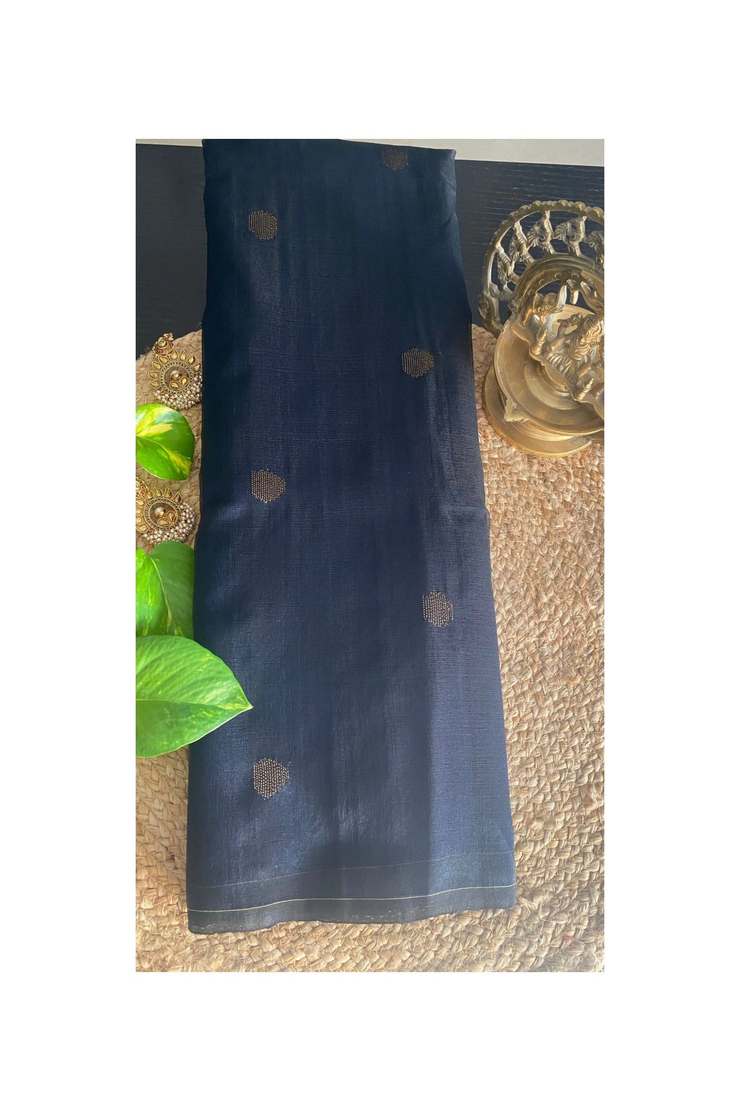 Navy blue Matka muslin Jamdani saree
