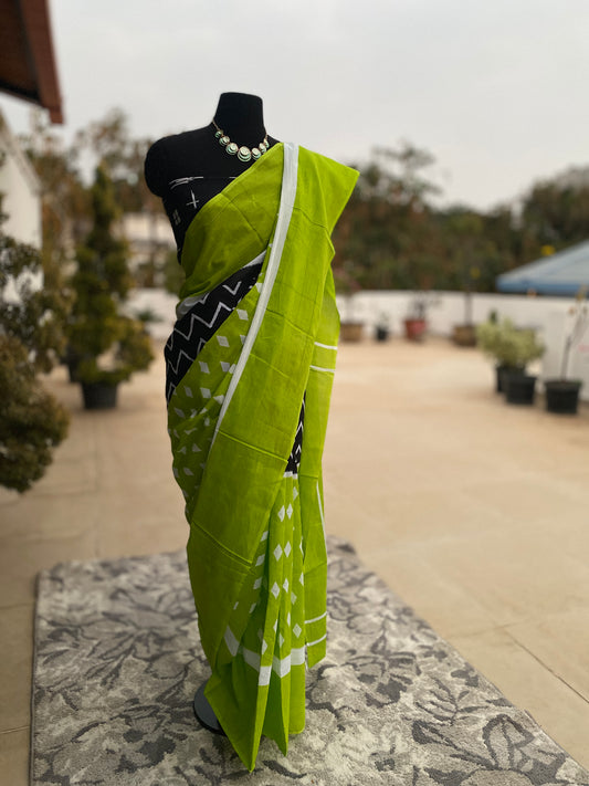 Green and black Mull cotton saree
