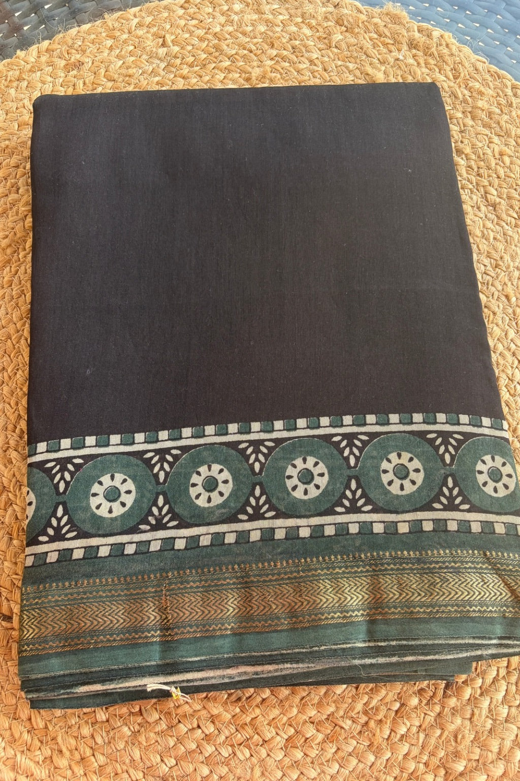 Black Maheshwari block print saree