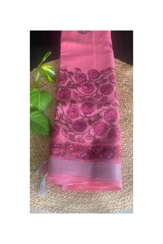 Pink linen cotton saree