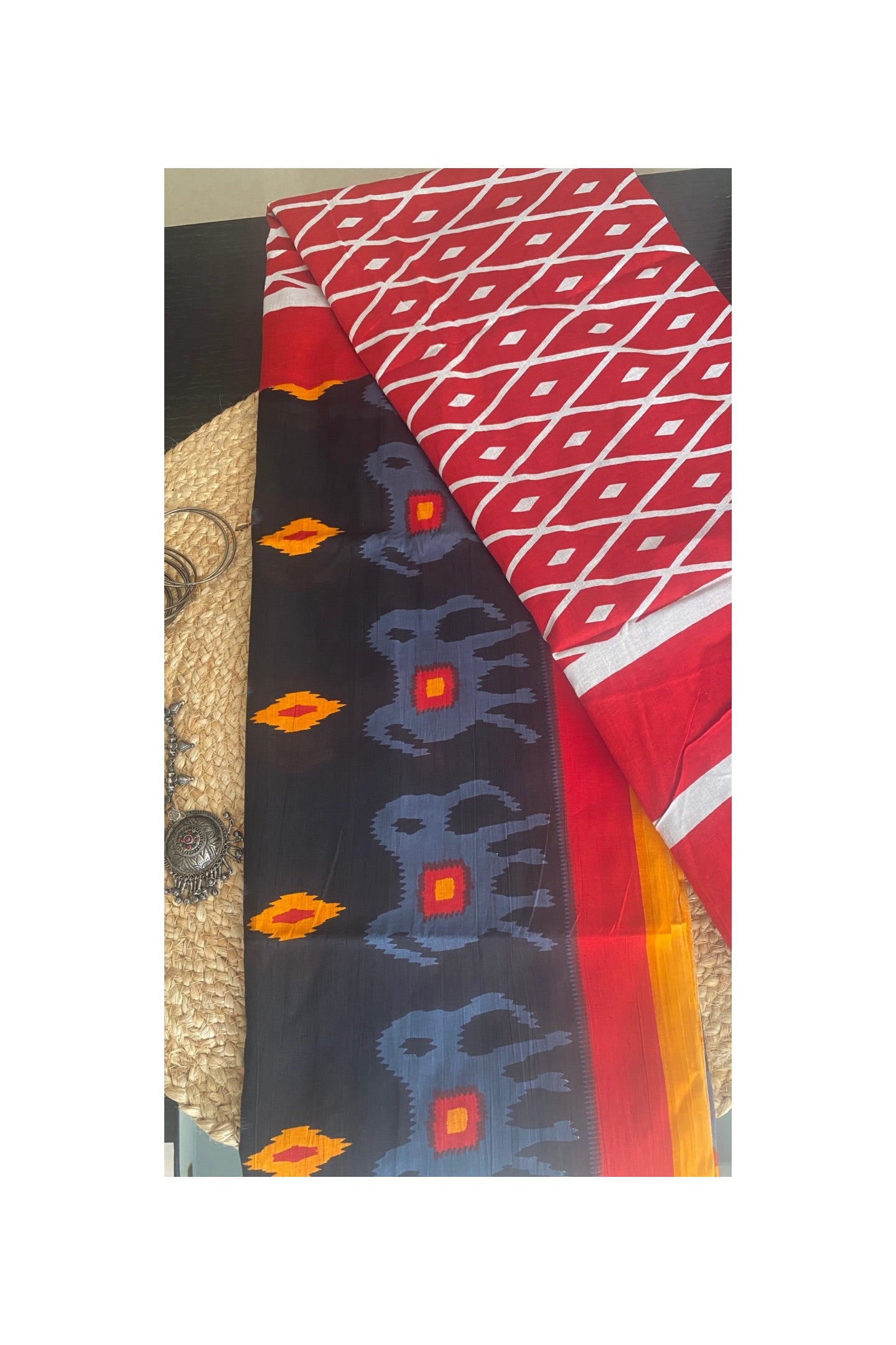 Black ikkat print mull cotton saree