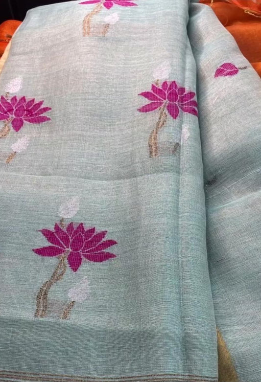 Light blue Tissue linen jamdani saree