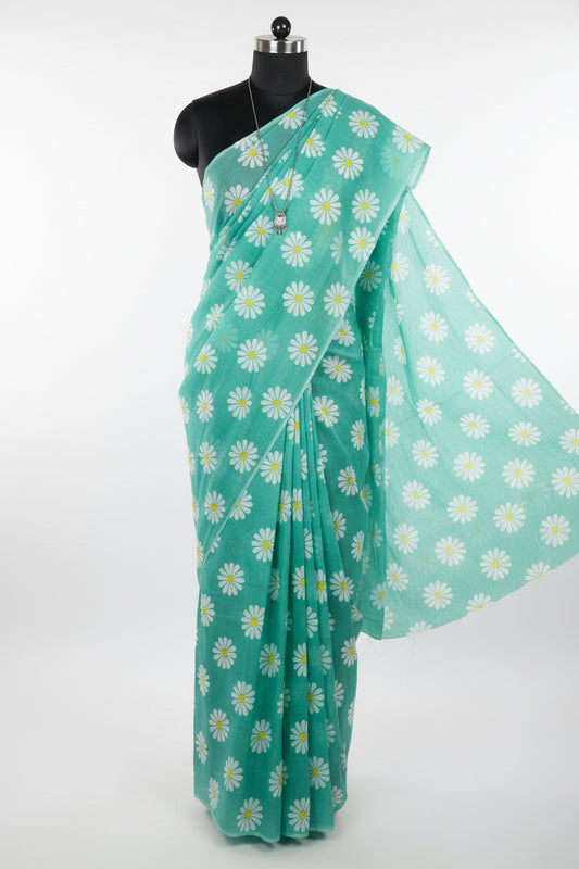 Sea green printed Mull cotton saree