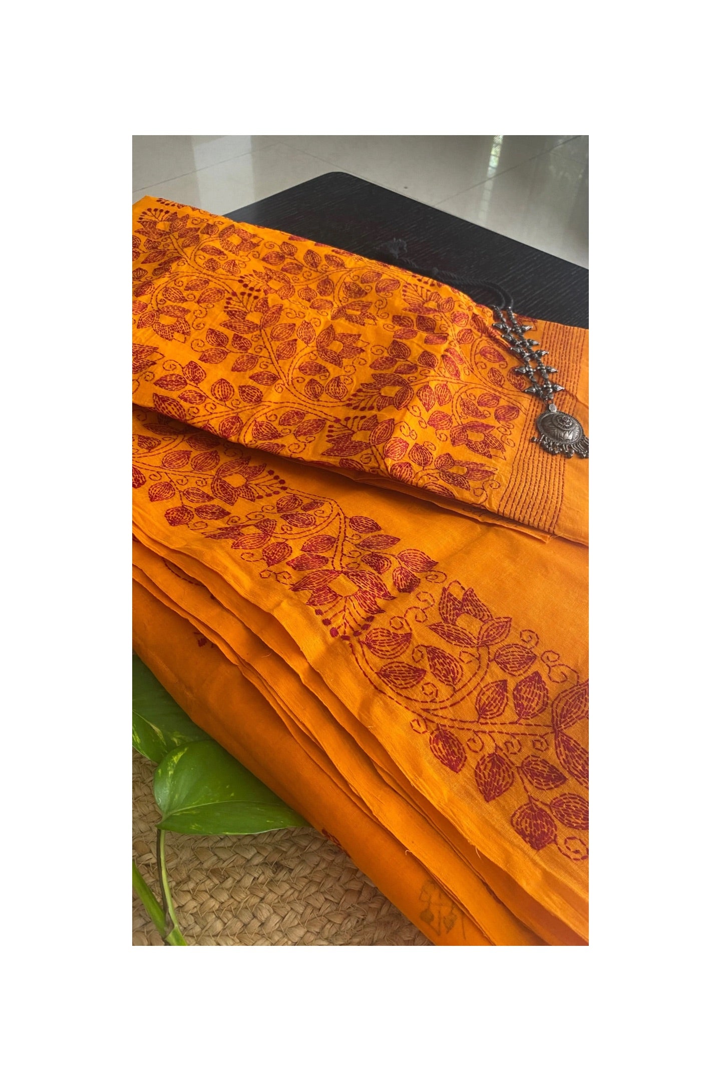 Mustard Kantha Embroidered Cotton Saree