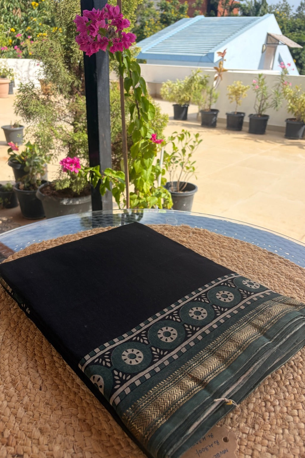 Black Maheshwari block print saree