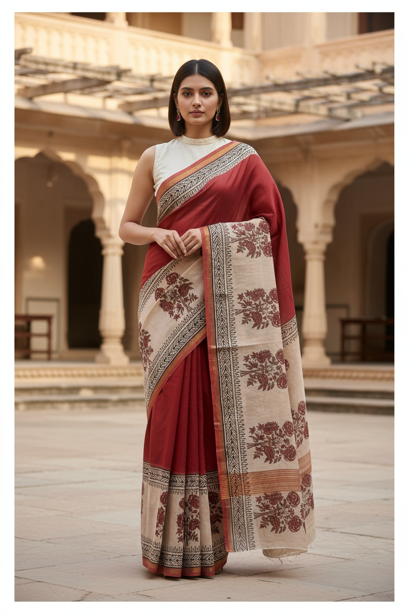 Maroon chanderi cotton saree