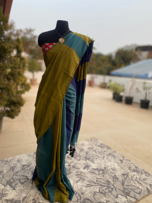 Striped Multi colour cotton saree - Blue