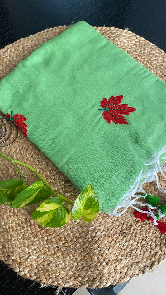 PARROT GREEN EMBROIDERED MULL COTTON SAREE