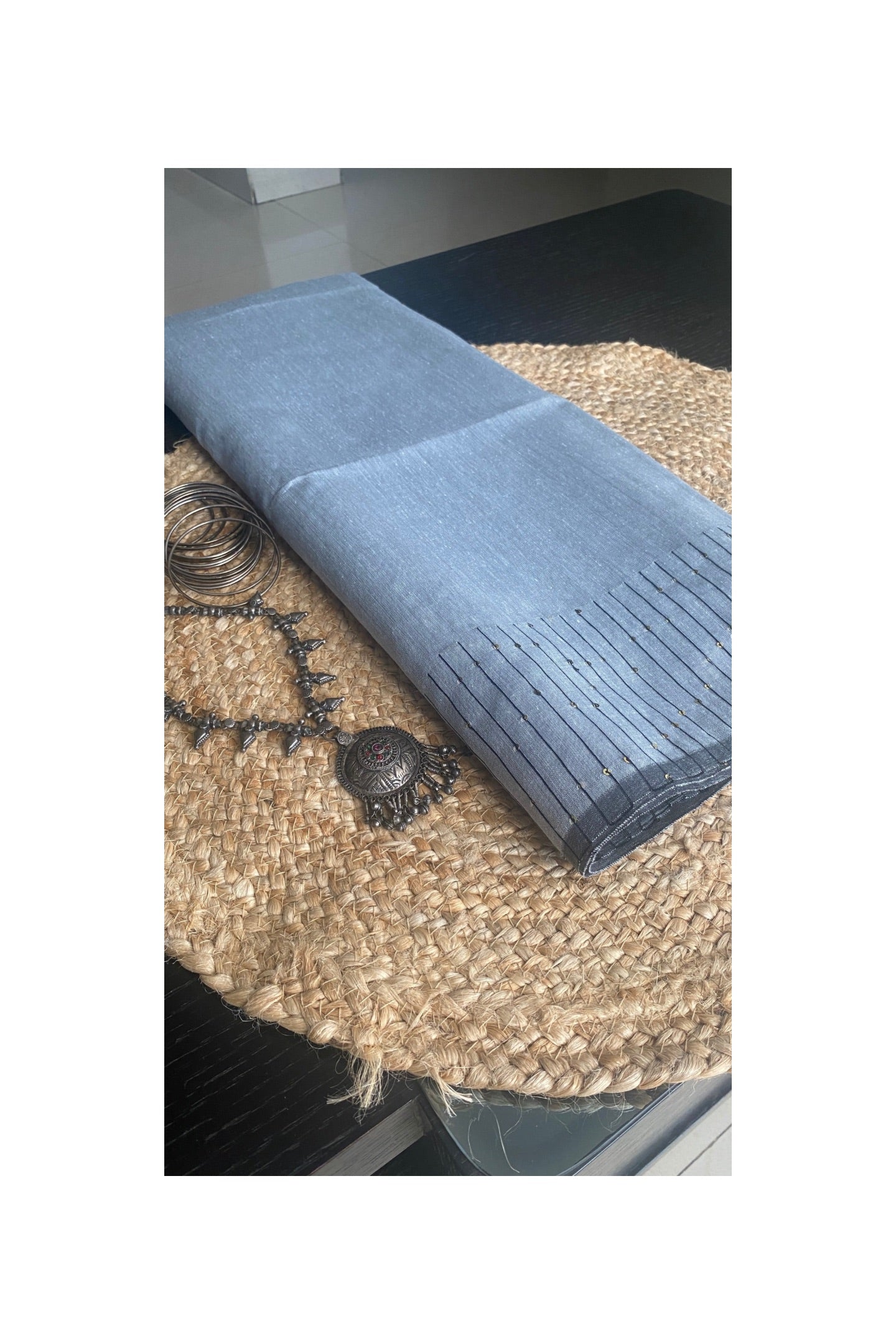 Grey cotton silk sequence saree