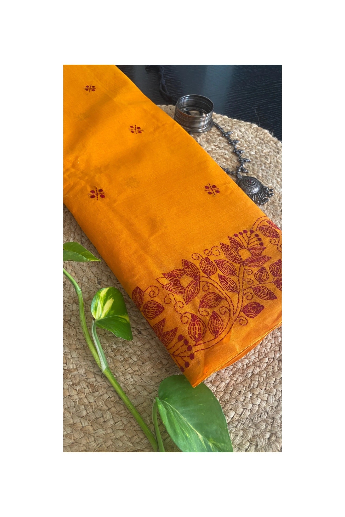 Mustard Kantha Embroidered Cotton Saree