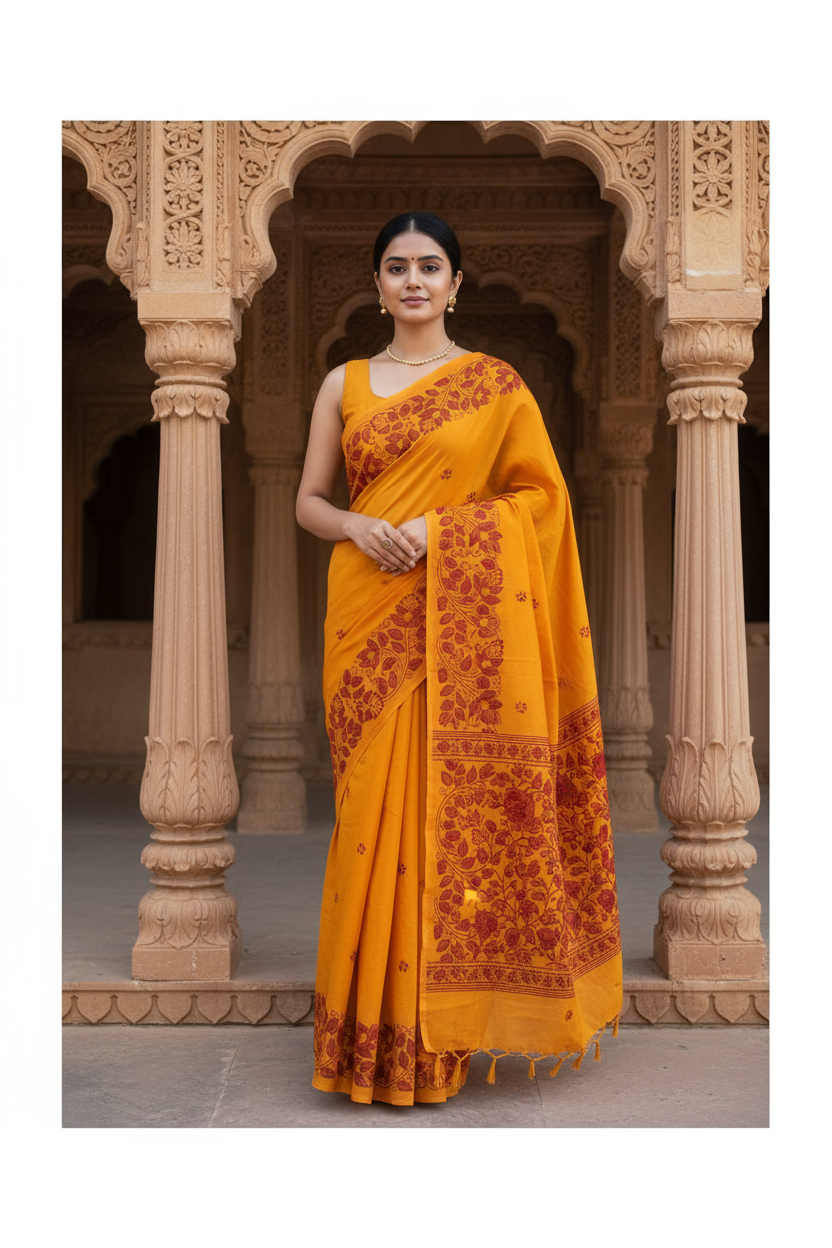Mustard Kantha Embroidered Cotton Saree