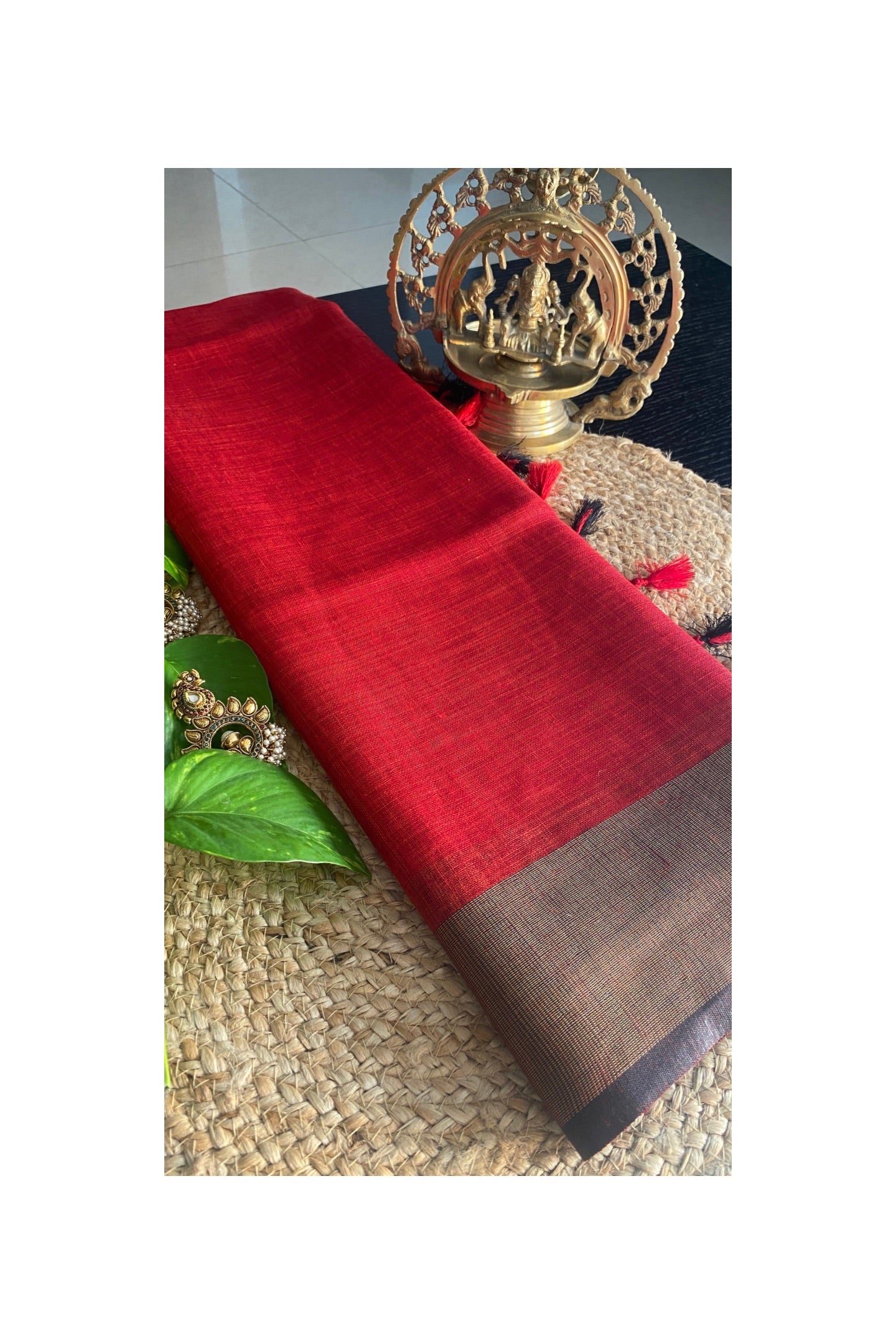 Red linen saree