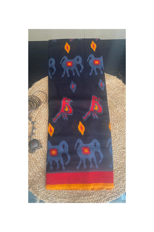 Black ikkat print mull cotton saree