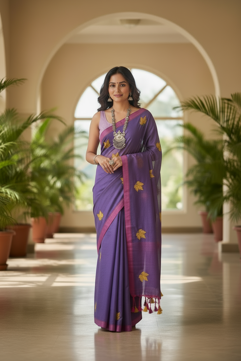 Lavender embroidered mull cotton saree