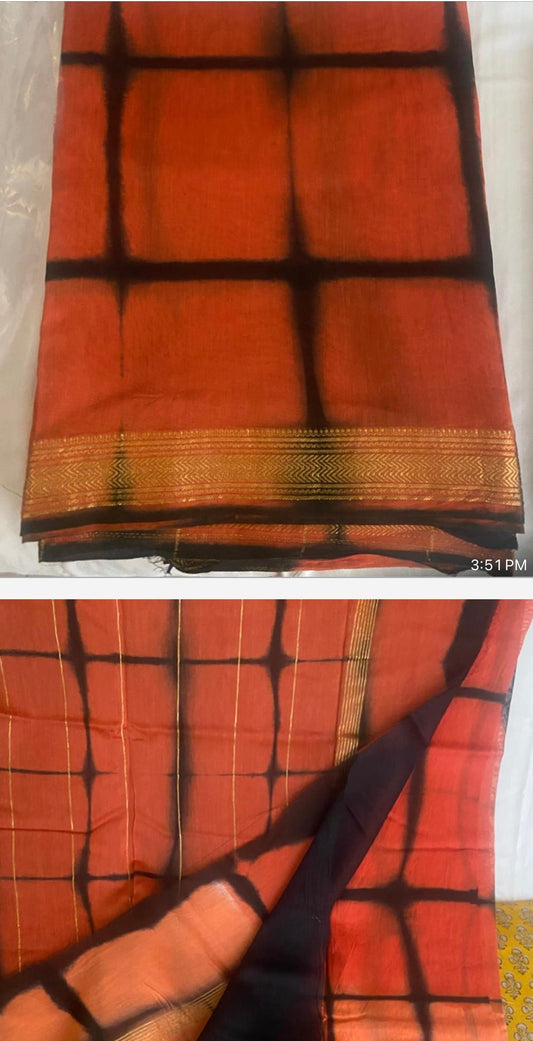 Orange Shibori Maheshwari saree