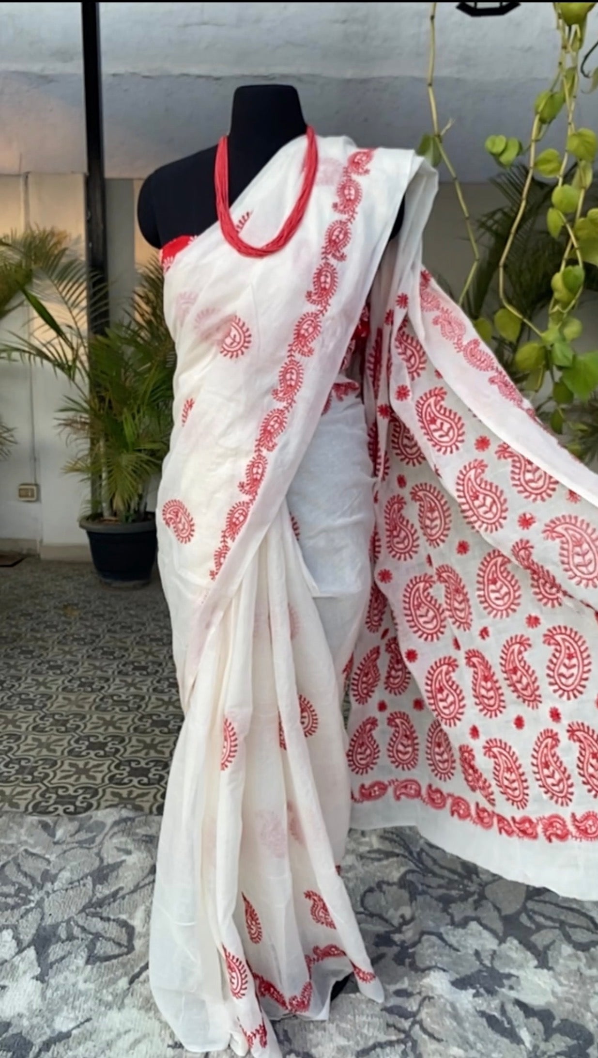 White and red embroidery Mull cotton saree