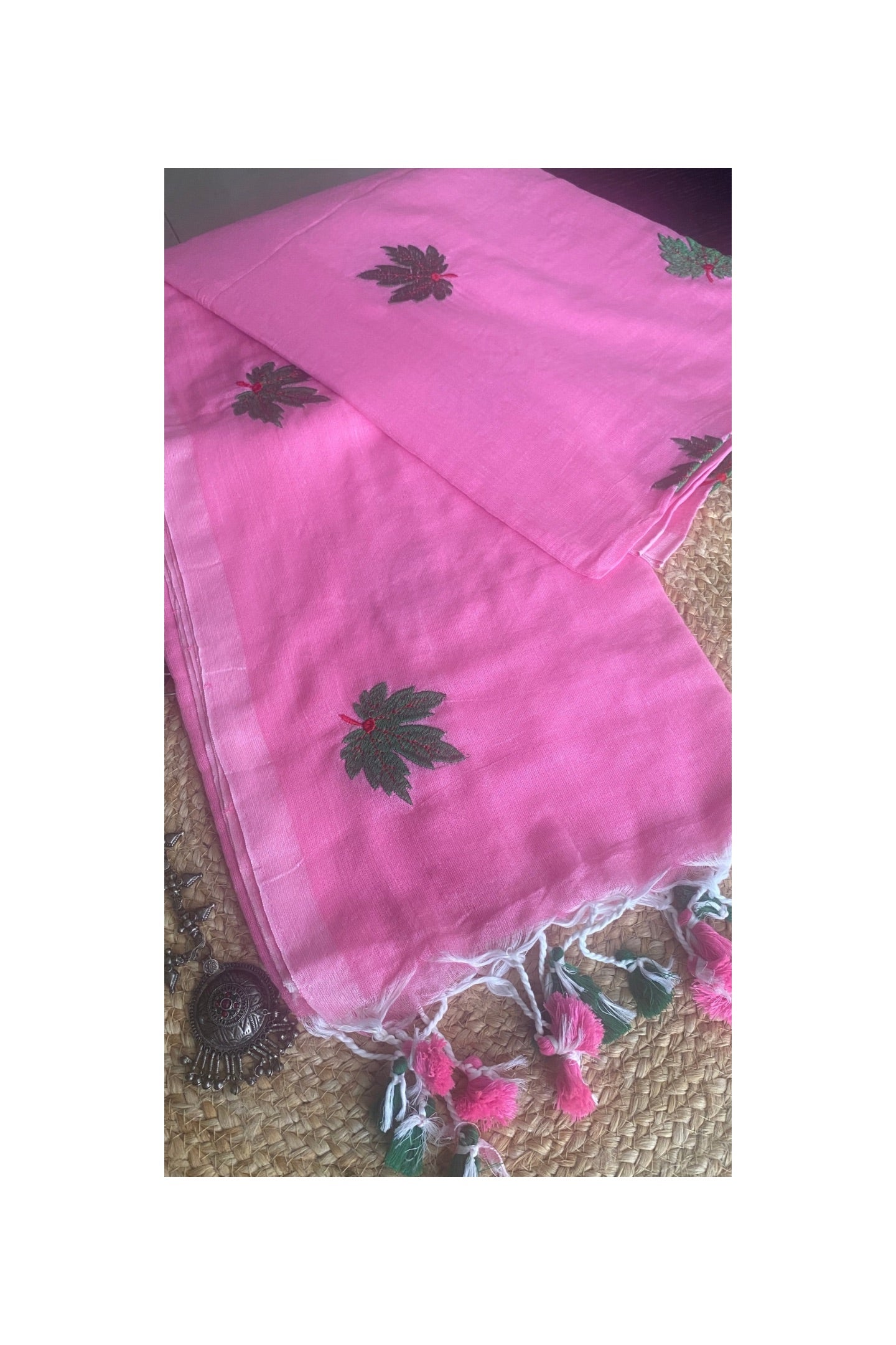 Pink embroidered mull cotton saree