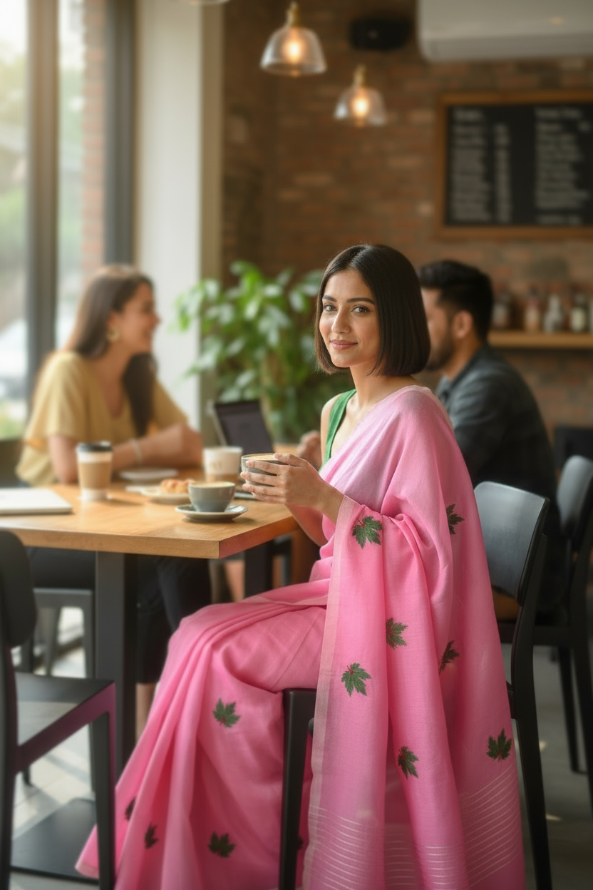 Pink embroidered mull cotton saree