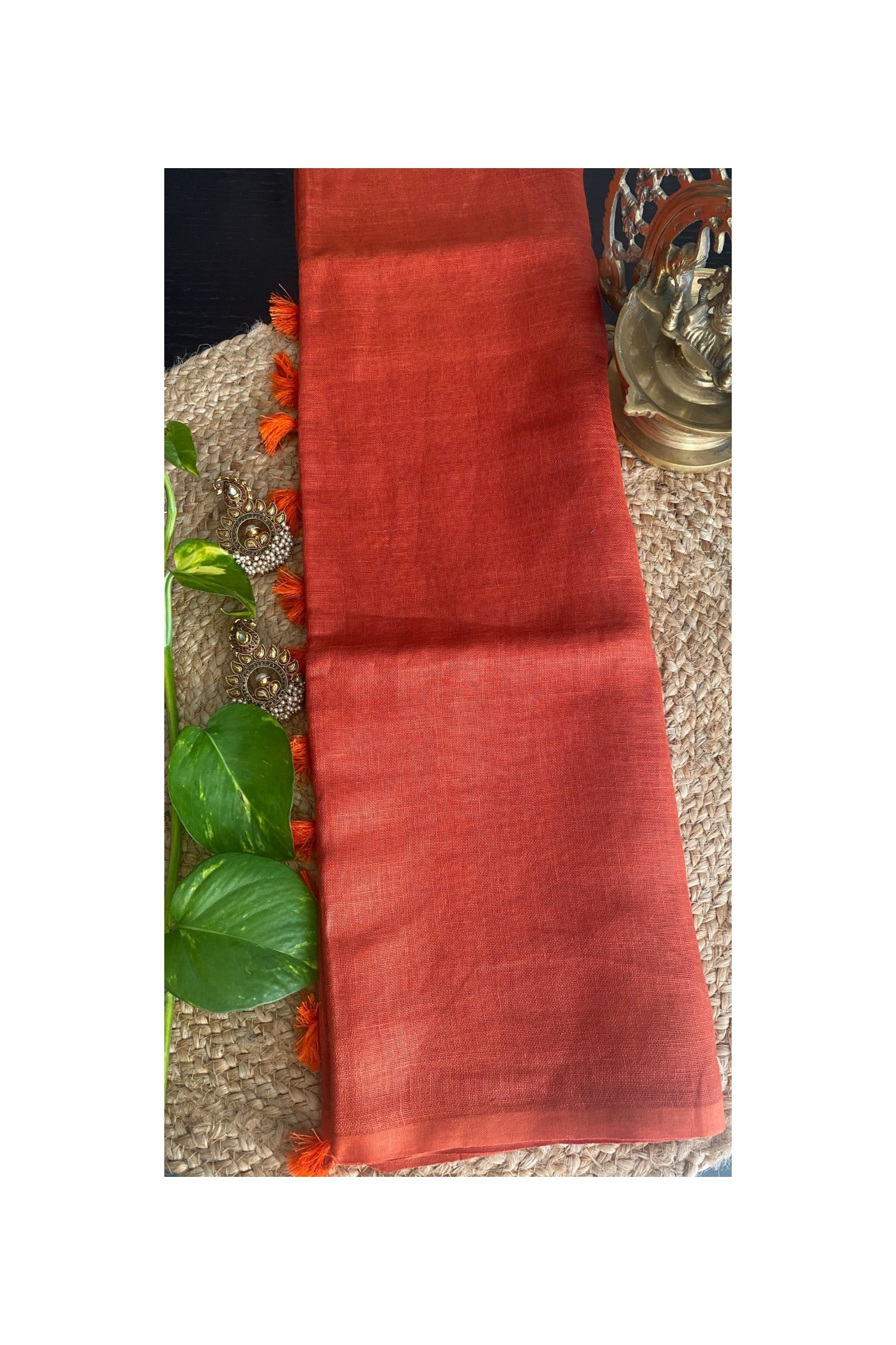 Plain orange linen saree