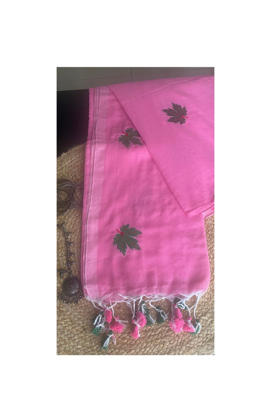 Pink embroidered mull cotton saree