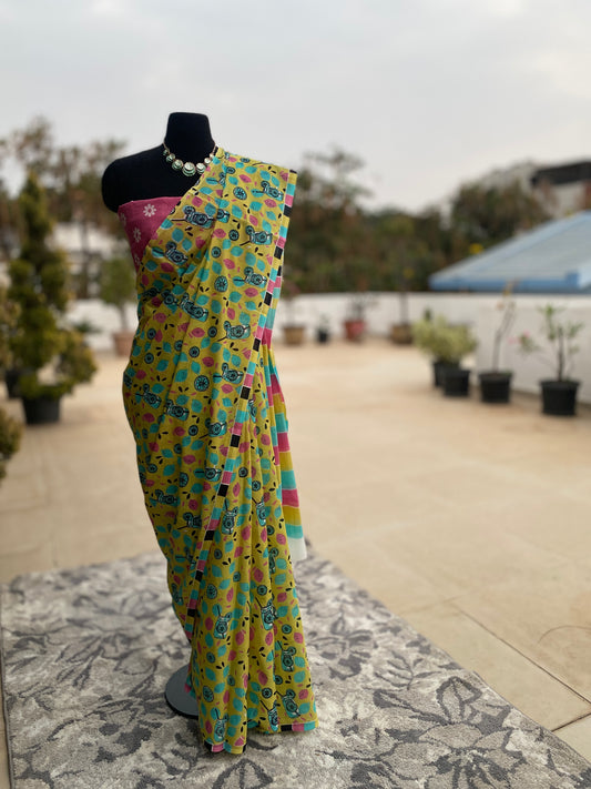 Lemon yellow Mull cotton saree