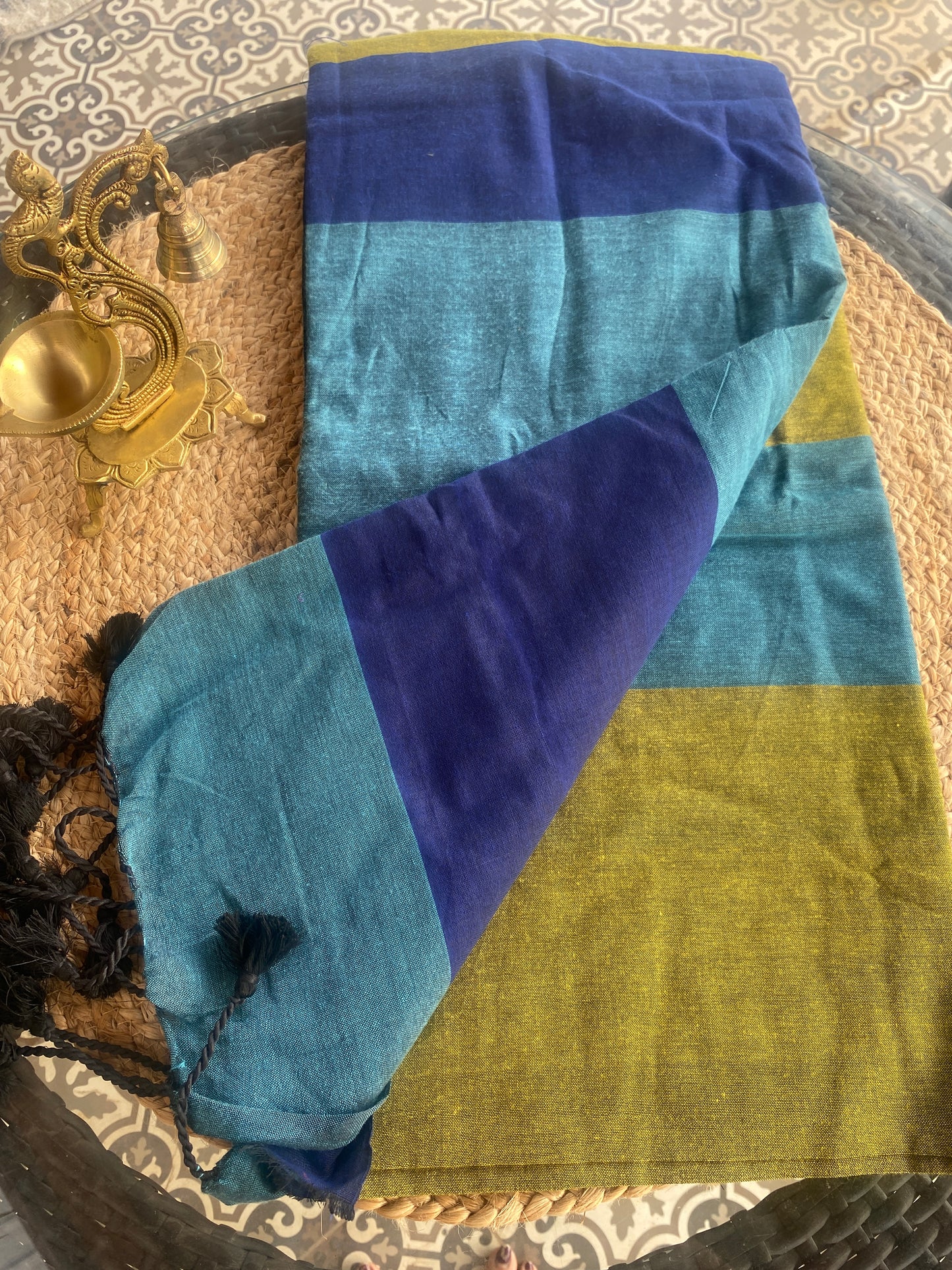 Striped Multi colour cotton saree - Blue