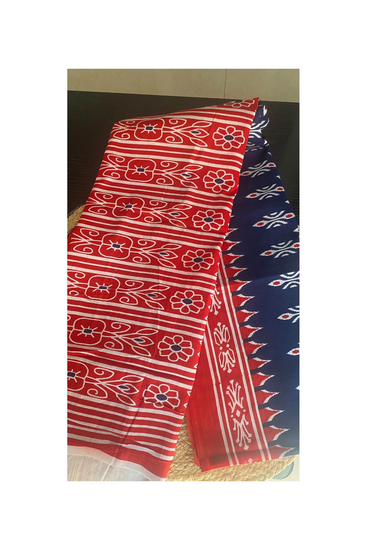 Blue colour ikkat print mull cotton saree