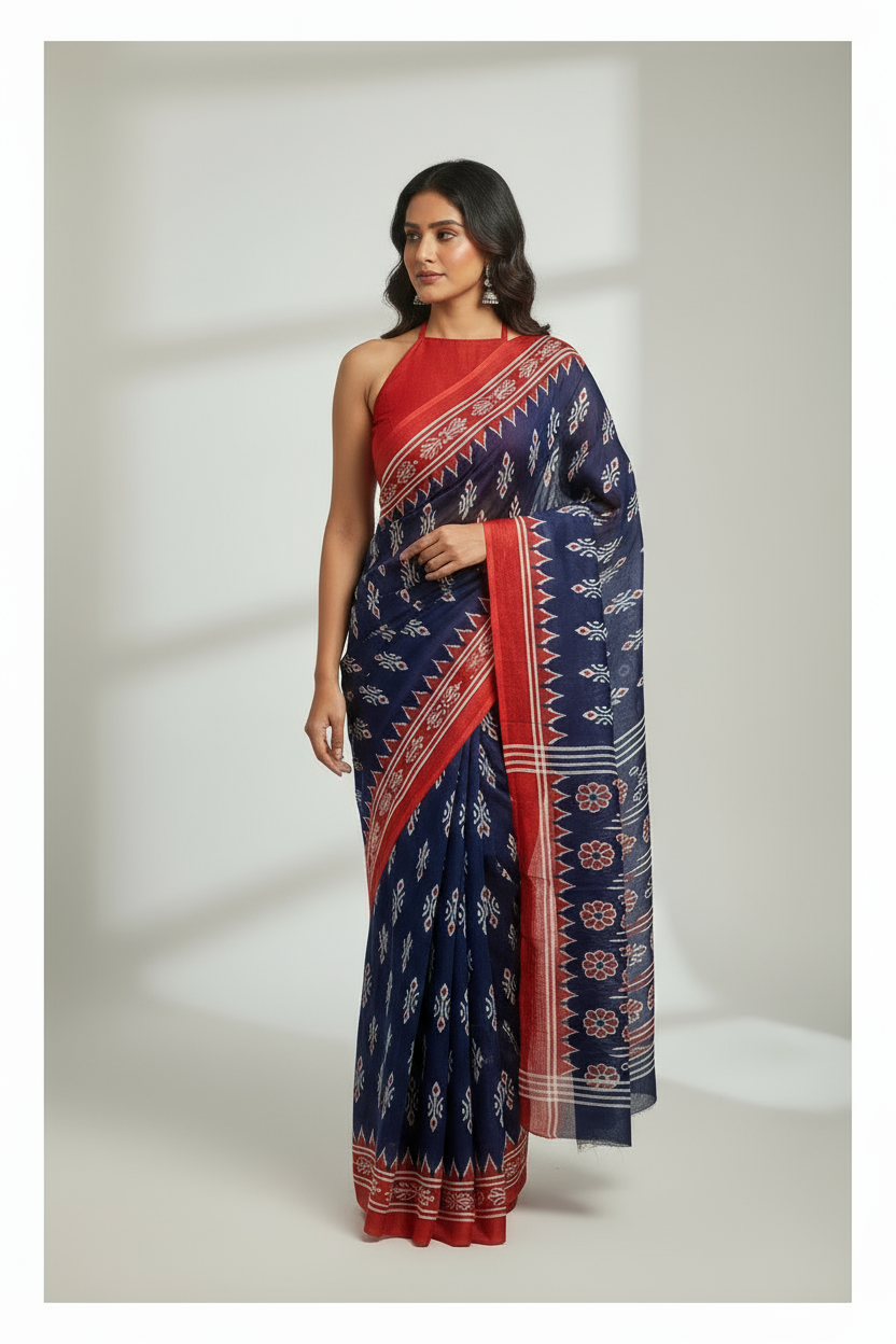 Blue colour ikkat print mull cotton saree