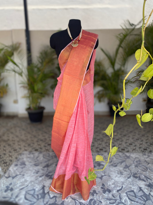 Pink linen saree