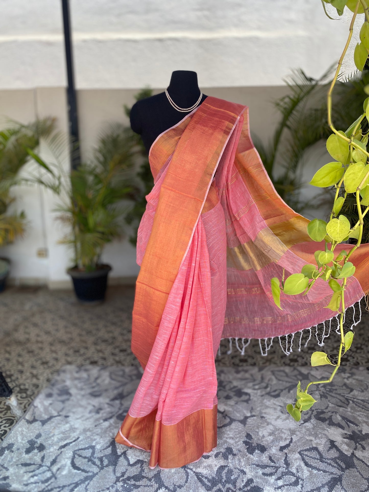 Pink linen saree