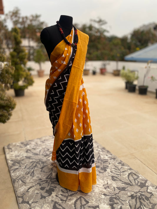 Mustard and black Mull cotton saree
