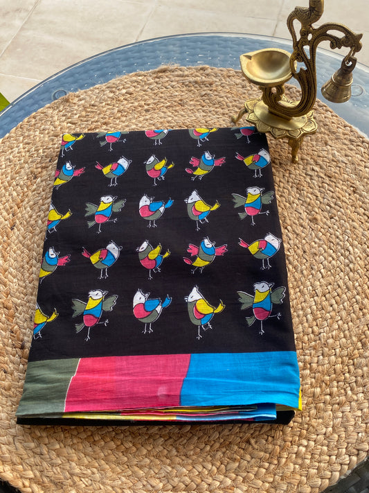 Black printed Mull cotton saree