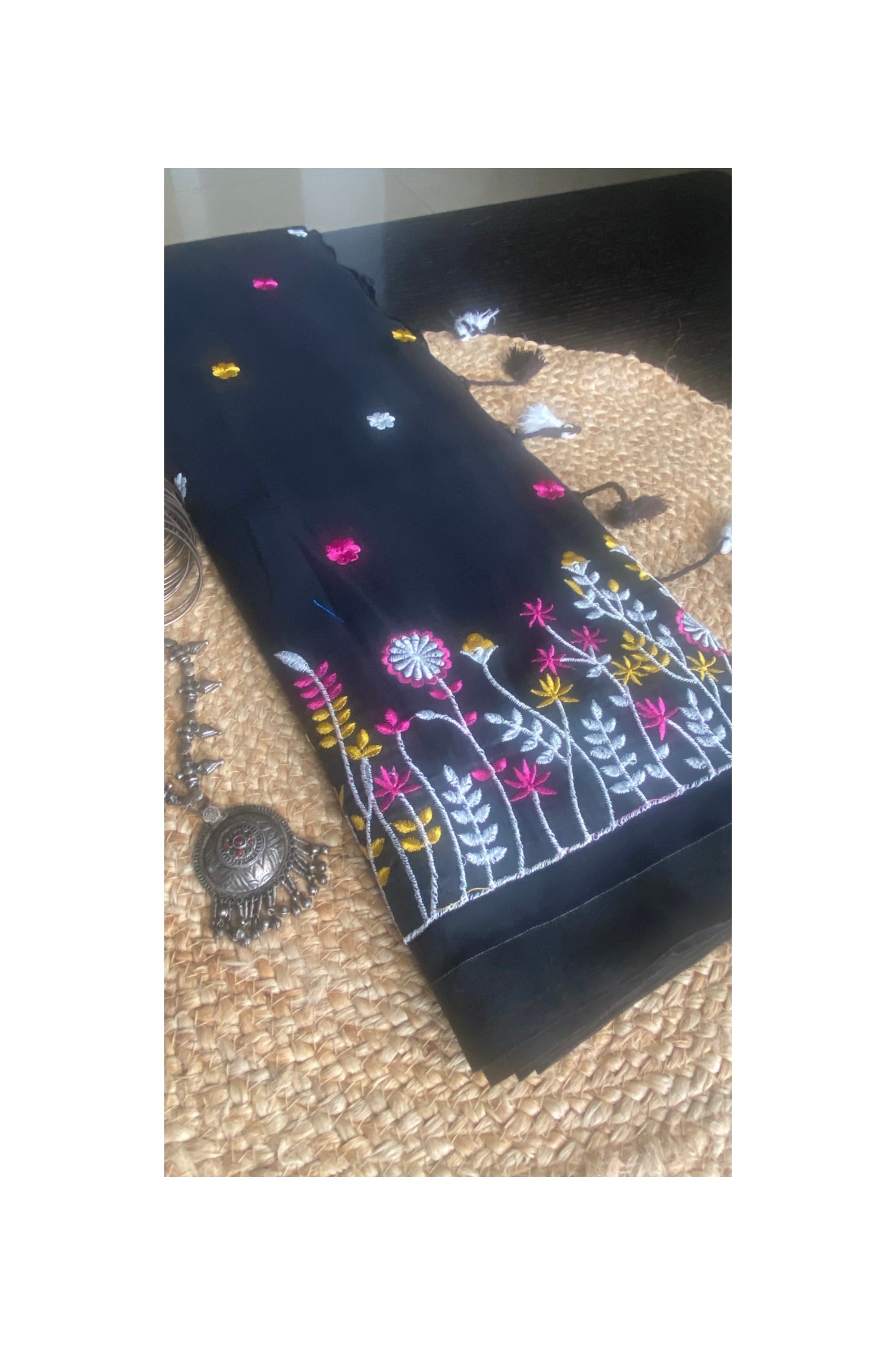 Black Embroidered Mull Cotton Saree