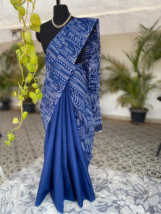 Navy Blue Printed Mull cotton saree