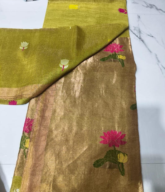 Mehendi green  linen tissue saree