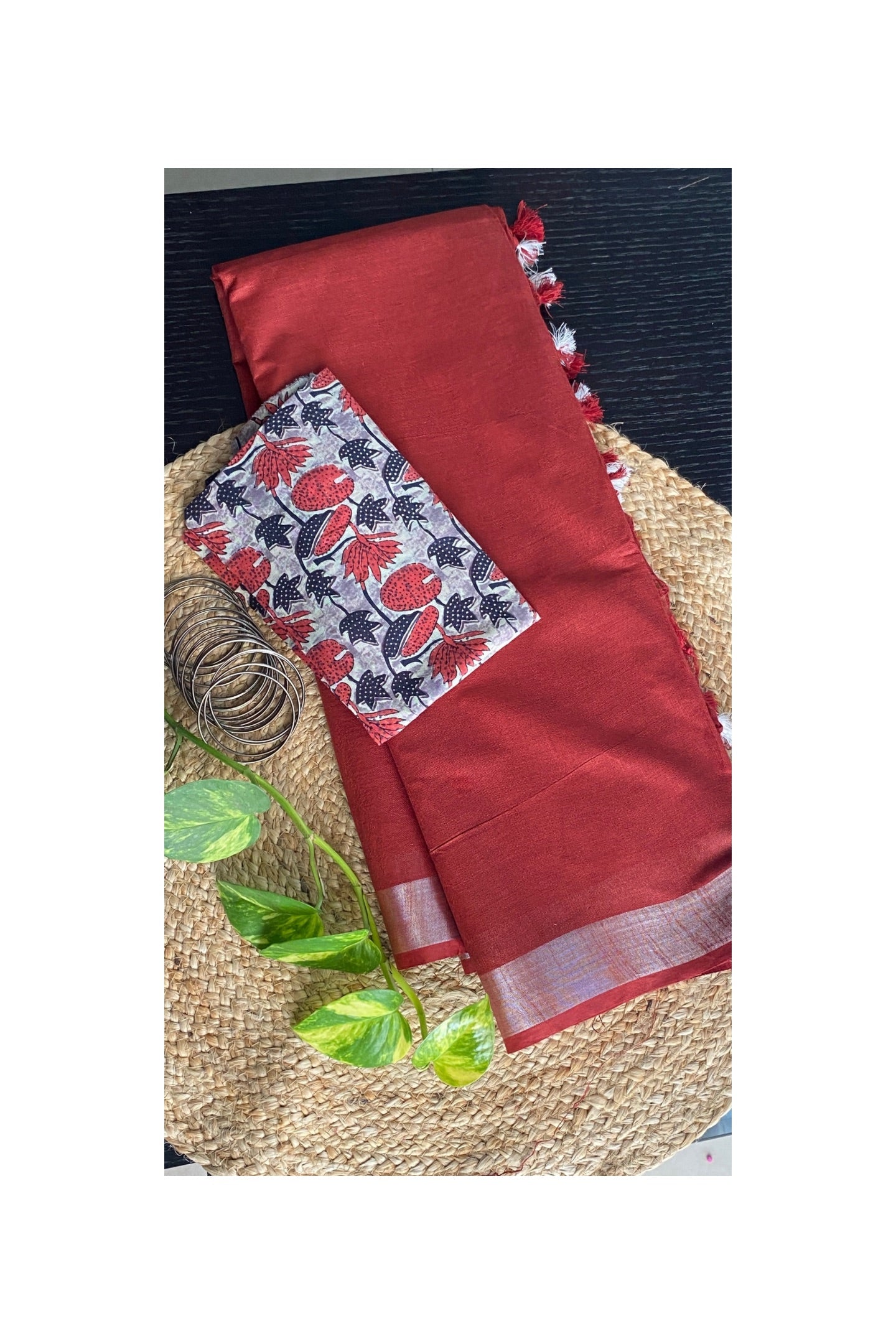 Maroon linen cotton saree