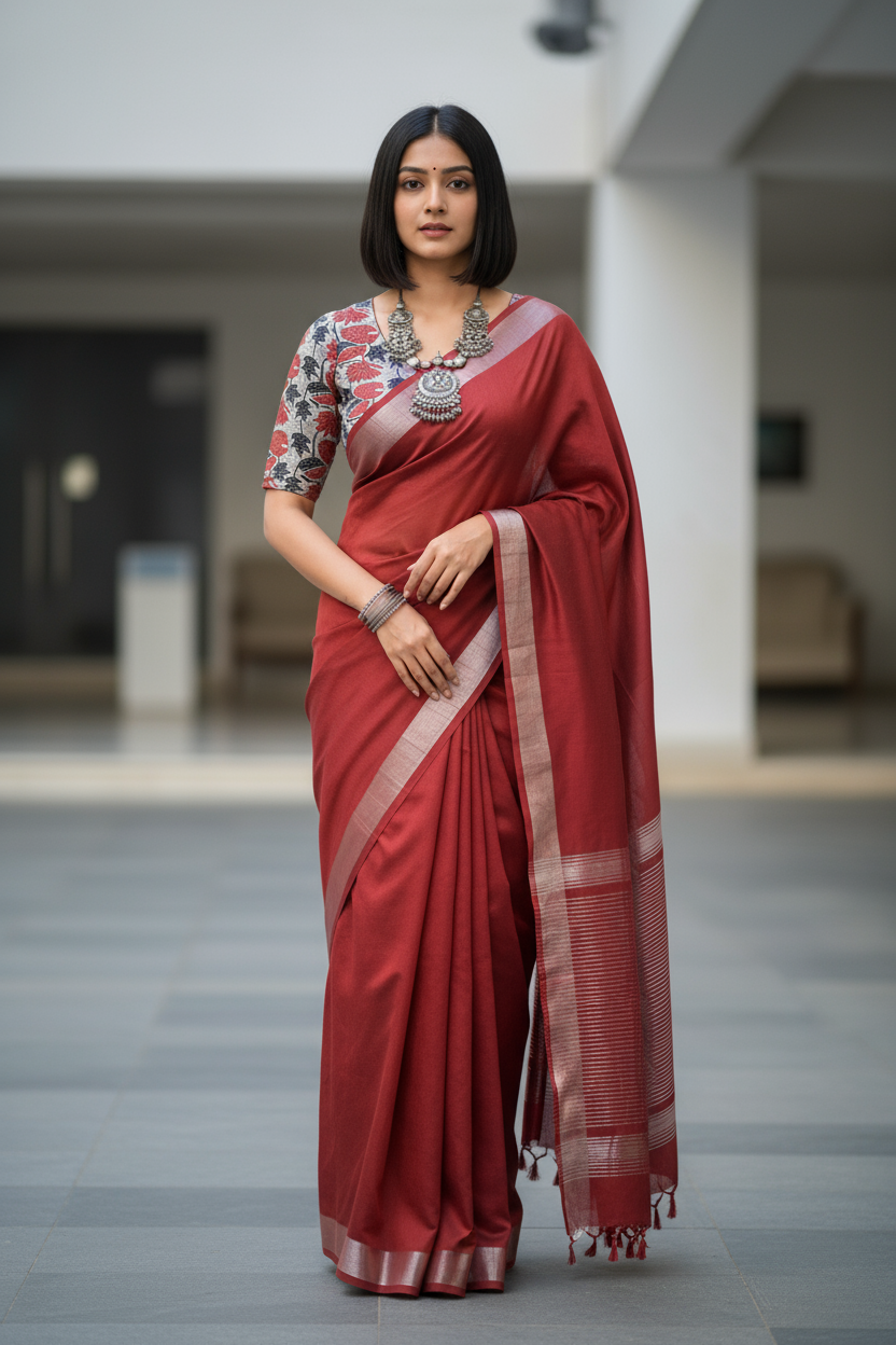 Maroon linen cotton saree