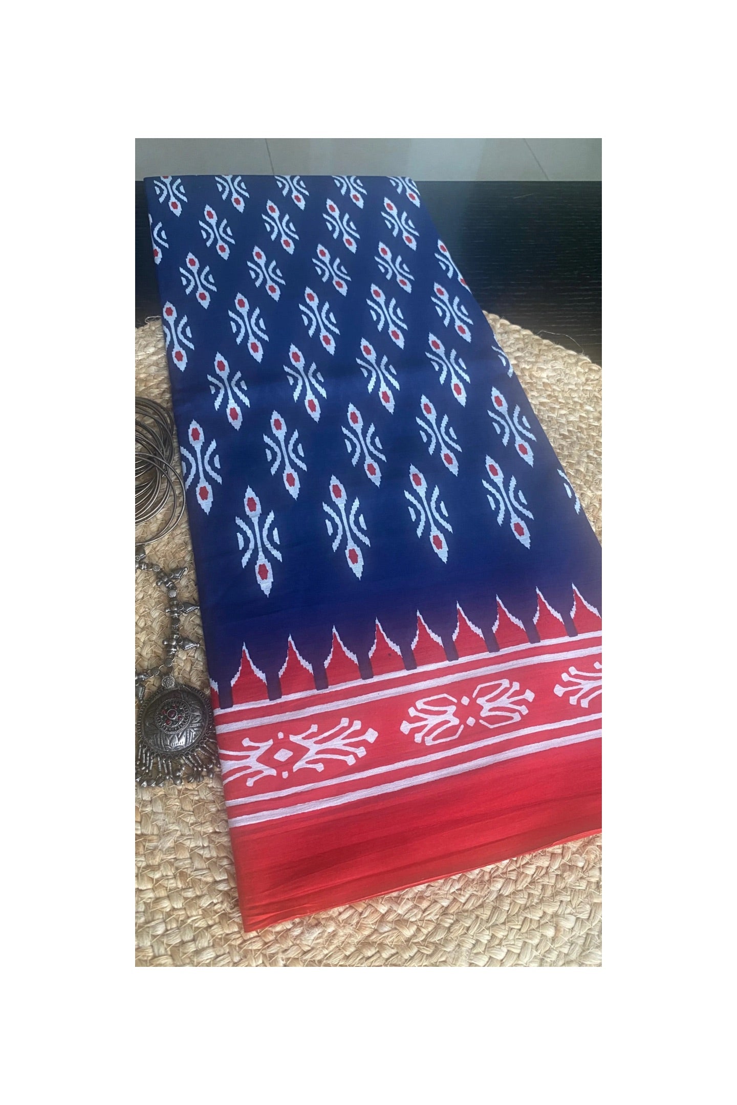 Blue colour ikkat print mull cotton saree