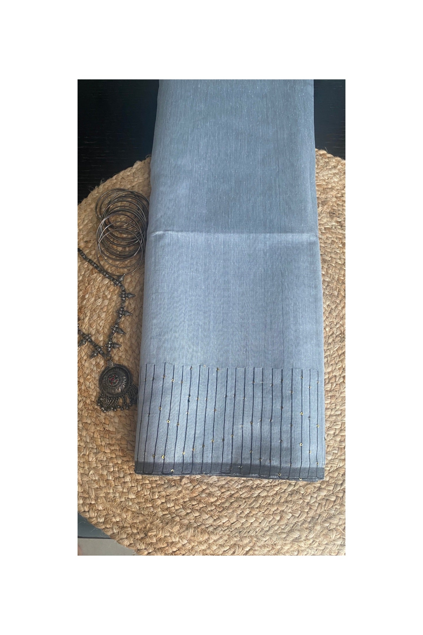 Grey cotton silk sequence saree