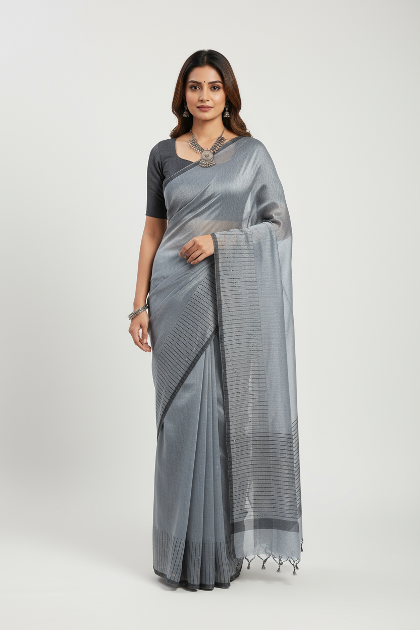 Grey cotton silk sequence saree